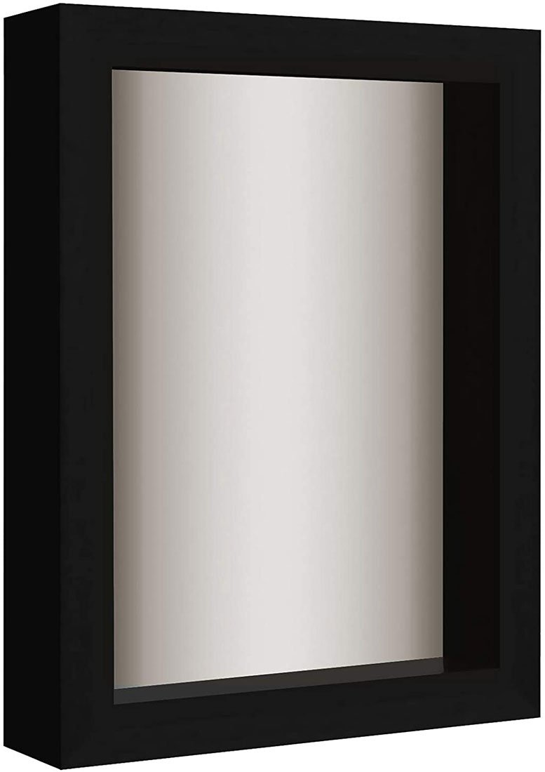 5x7 black shadow box frame with soft linen backing and shatter-resistant glass, showcasing a photo and memorabilia.