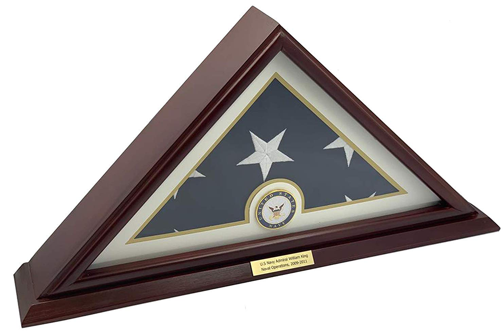 Elegant cherry wood display case for 5x9.5 folded flag with glass front.