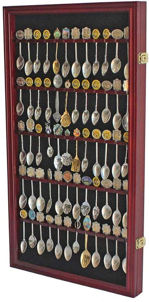 A stylish 60 spoon display case made of solid wood with a black matted background and glass door, showcasing a collection of spoons.