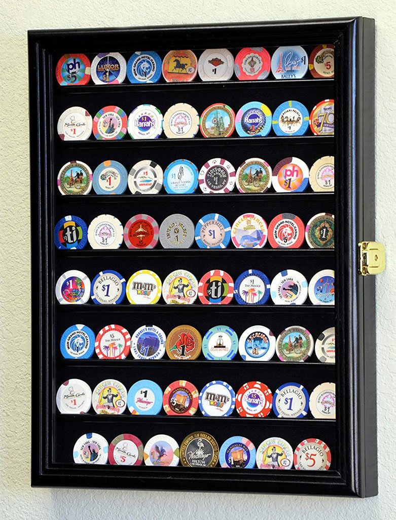 Elegant 64 Casino Chip Coin Display Case made from Australian beech wood, showcasing a collection of casino chips with a UV protection acrylic door.