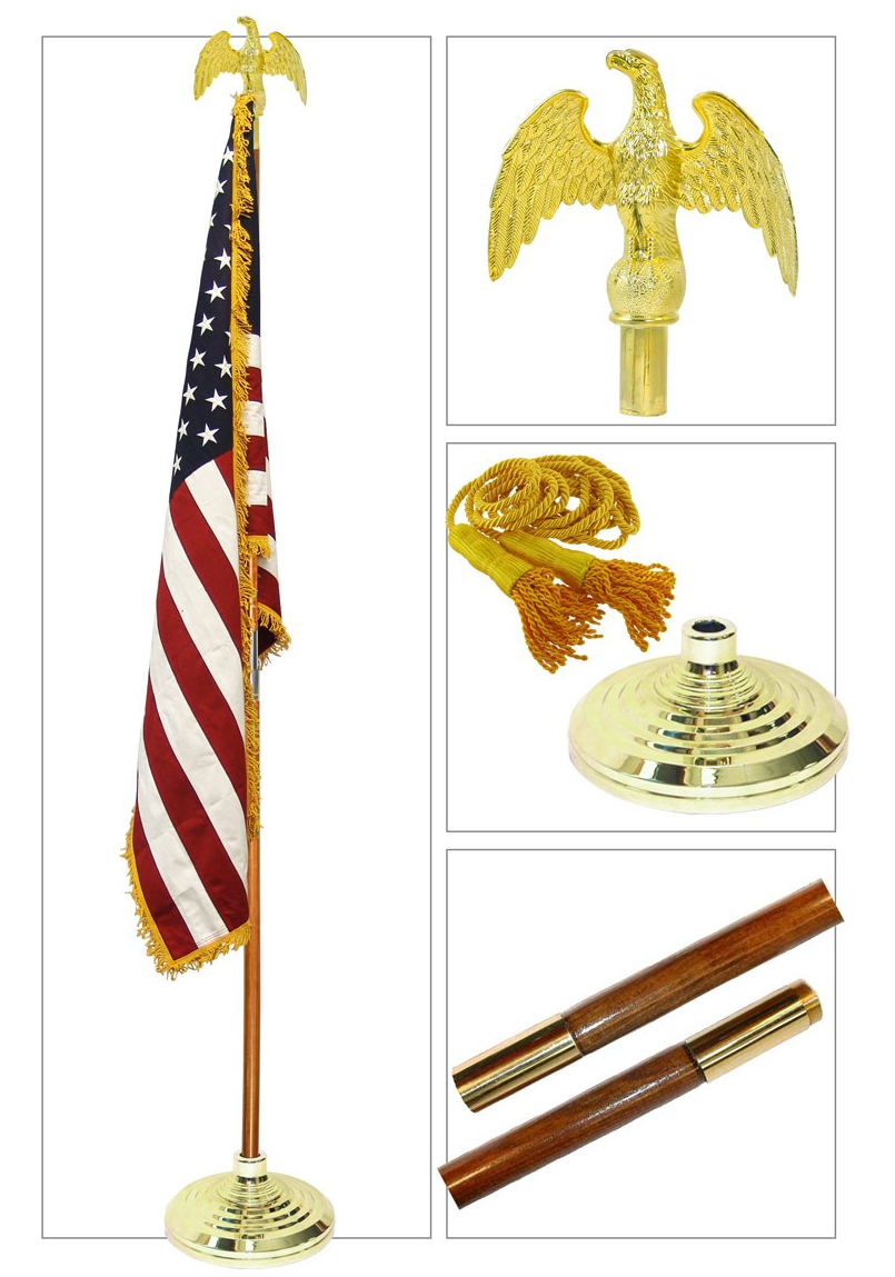 7ft U.S. Indoor Flag pool set featuring a gold-fringed nylon flag, oak finish pole, and plastic eagle topper.