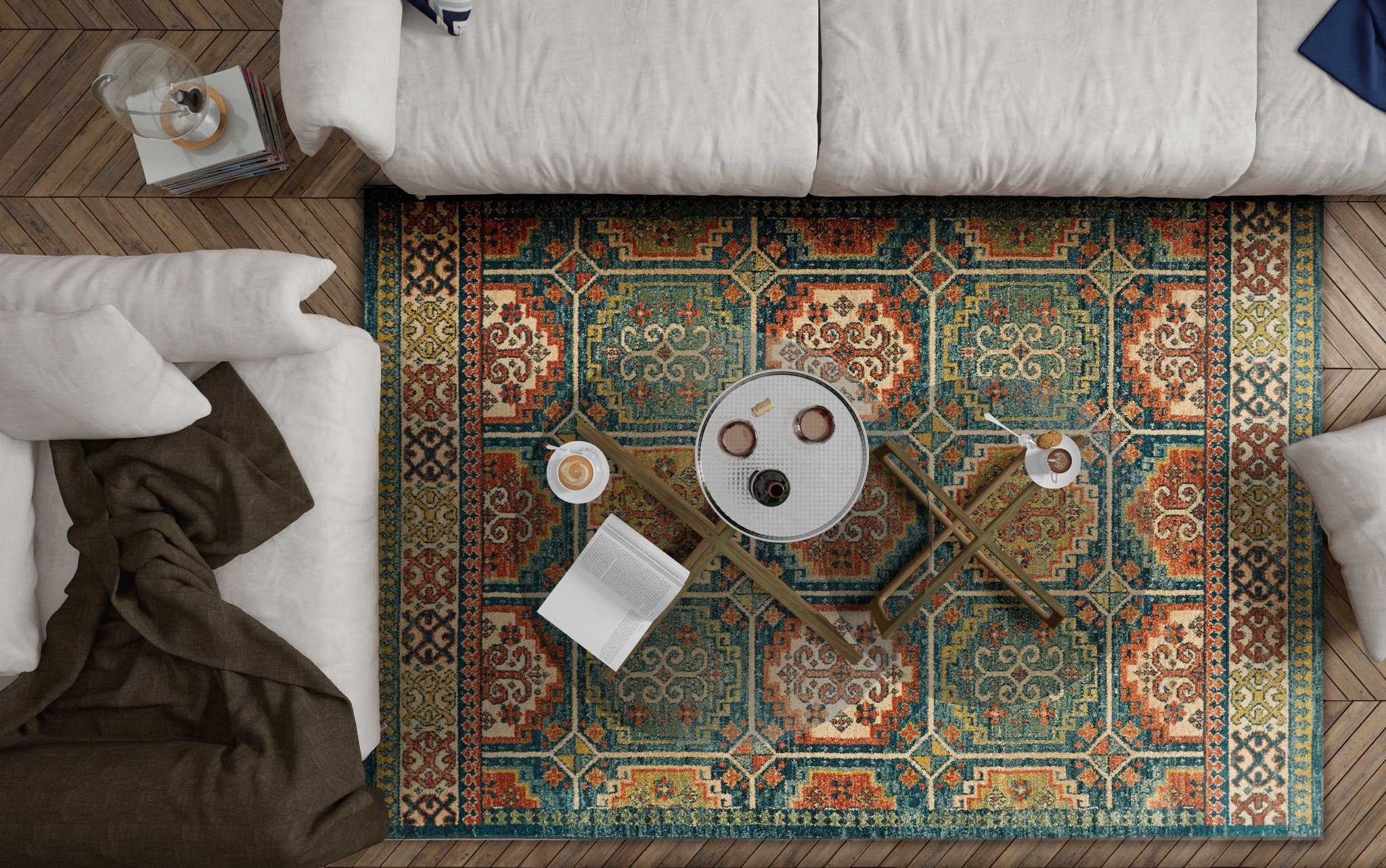 A large teal polypropylene rug measuring 94" X 134", featuring vintage traditional design with distressed patterns.