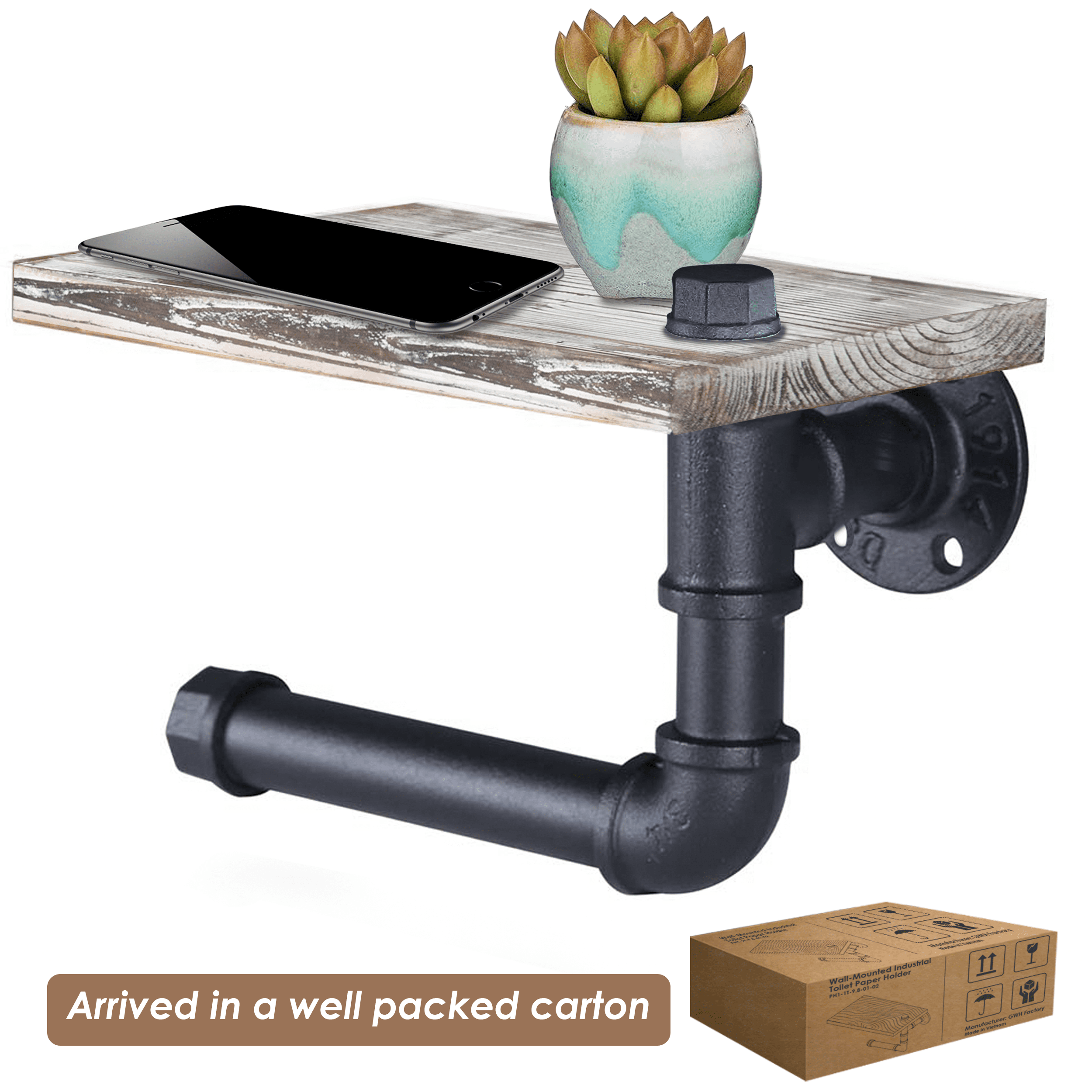 Rustic White Industrial Toilet Paper Holder with Shelf made from solid pine wood and galvanized steel, featuring a stylish design and easy assembly.