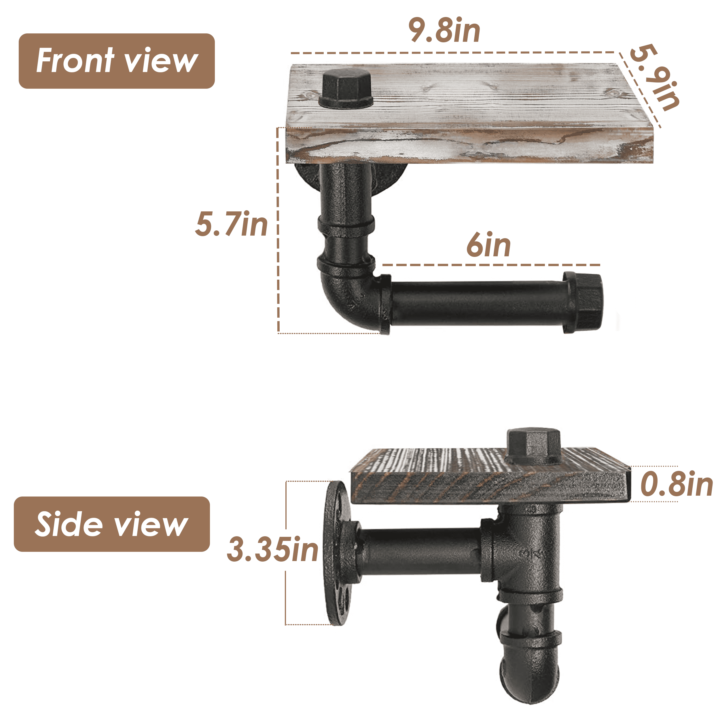 Rustic White Industrial Toilet Paper Holder with Shelf made from solid pine wood and galvanized steel, featuring a stylish design and easy assembly.