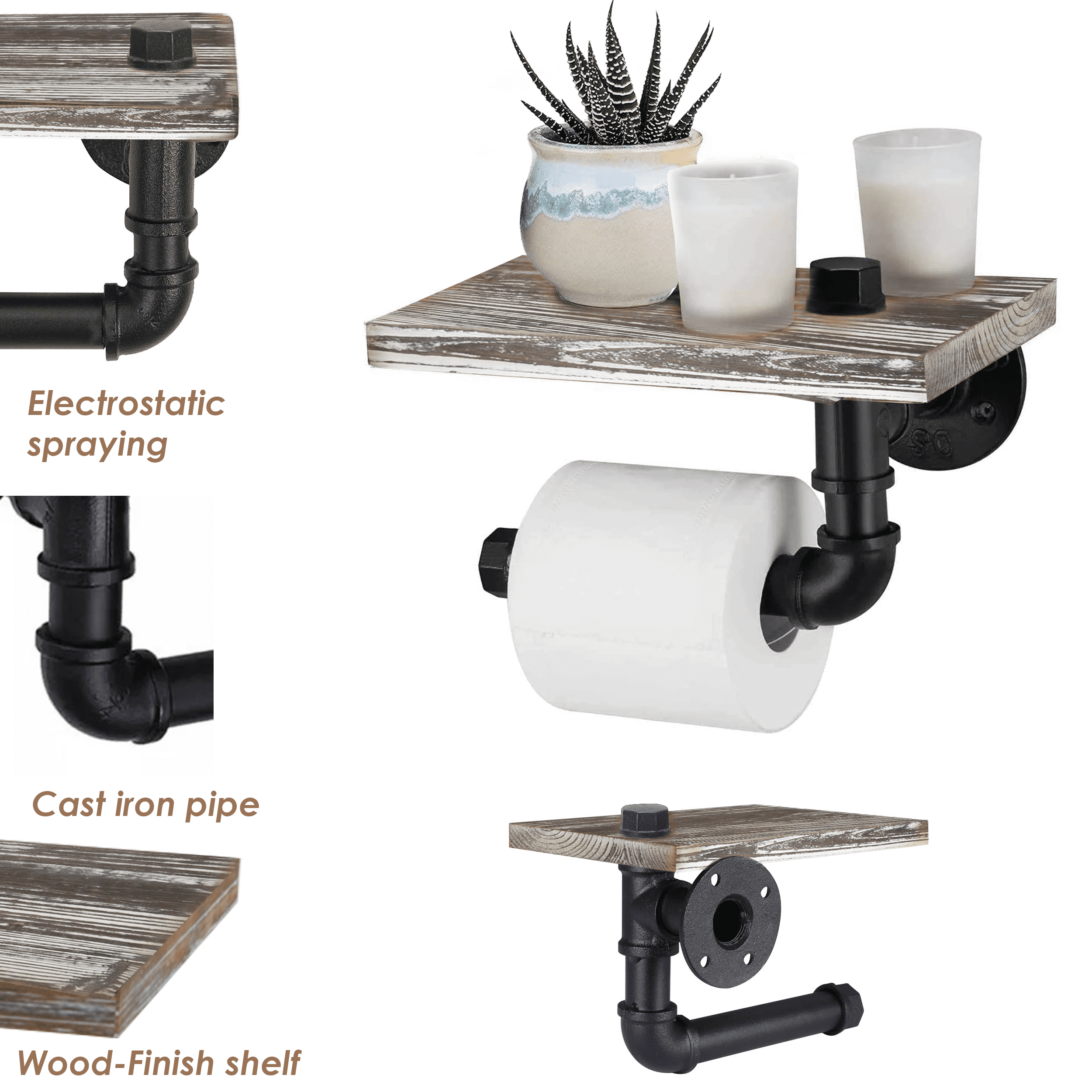Rustic White Industrial Toilet Paper Holder with Shelf made from solid pine wood and galvanized steel, featuring a stylish design and easy assembly.
