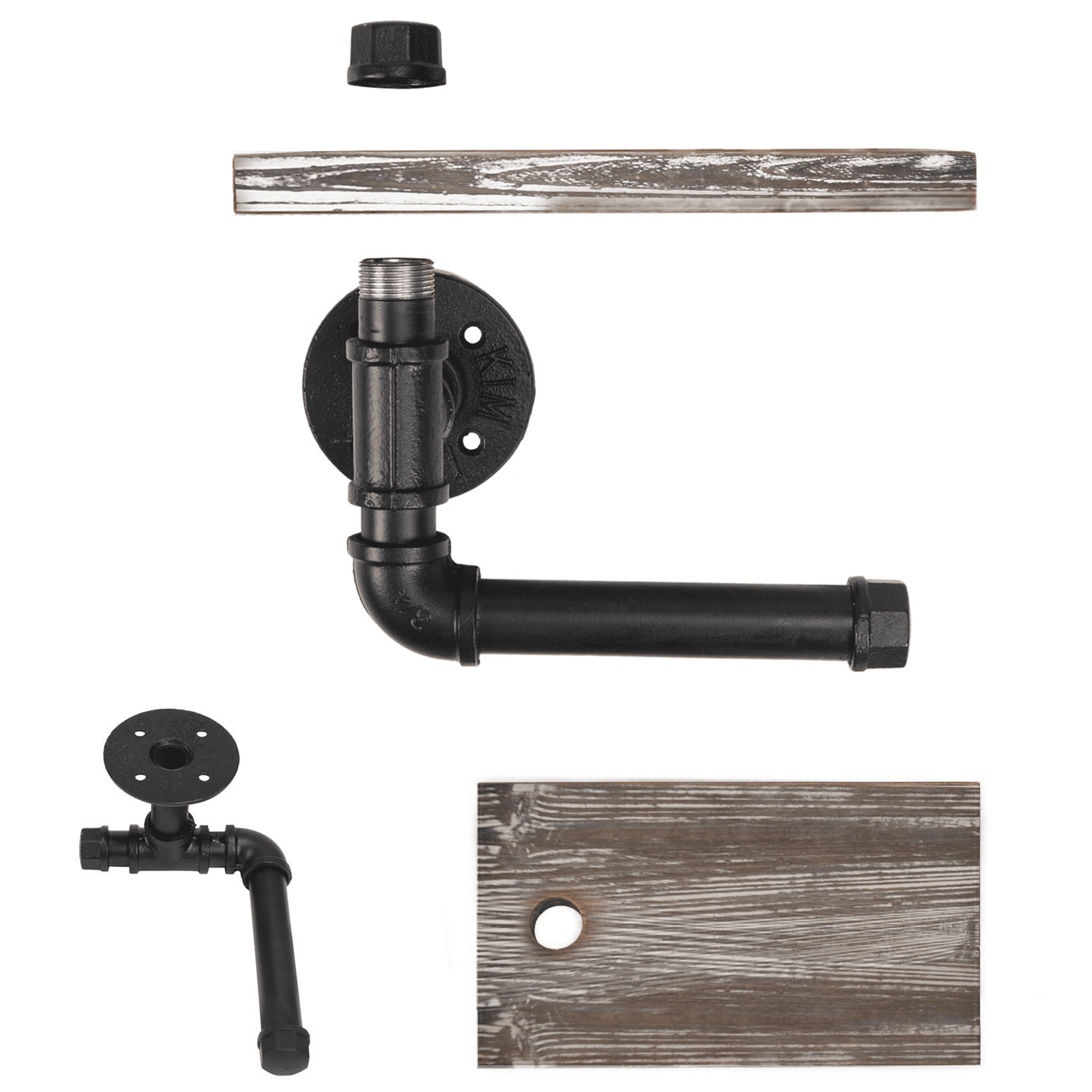 Rustic White Industrial Toilet Paper Holder with Shelf made from solid pine wood and galvanized steel, featuring a stylish design and easy assembly.