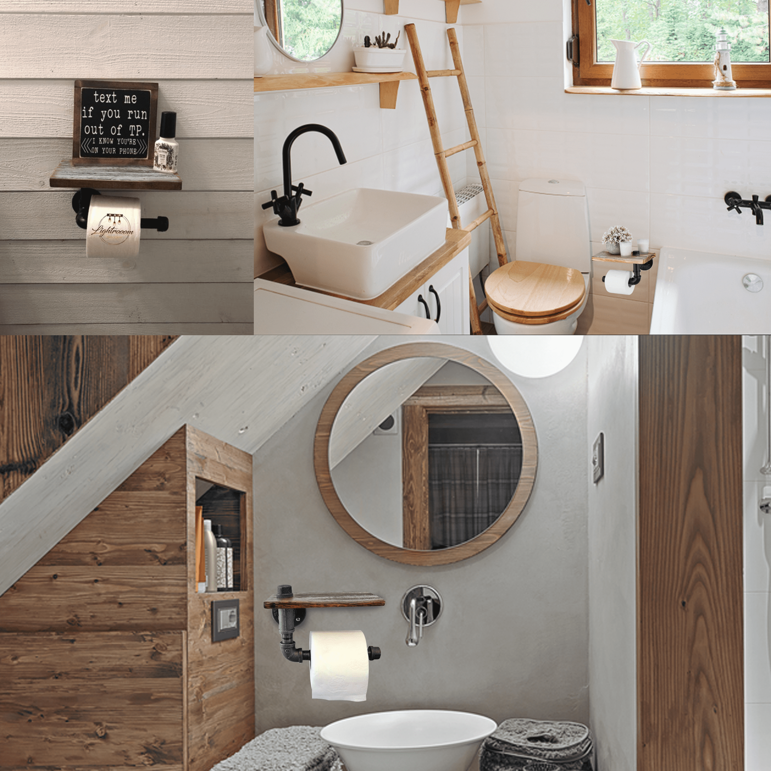 Rustic White Industrial Toilet Paper Holder with Shelf made from solid pine wood and galvanized steel, featuring a stylish design and easy assembly.