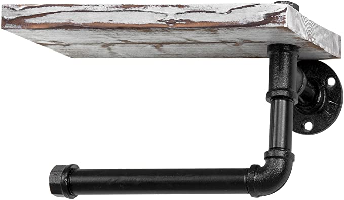 Rustic White Industrial Toilet Paper Holder with Shelf made from solid pine wood and galvanized steel, featuring a stylish design and easy assembly.