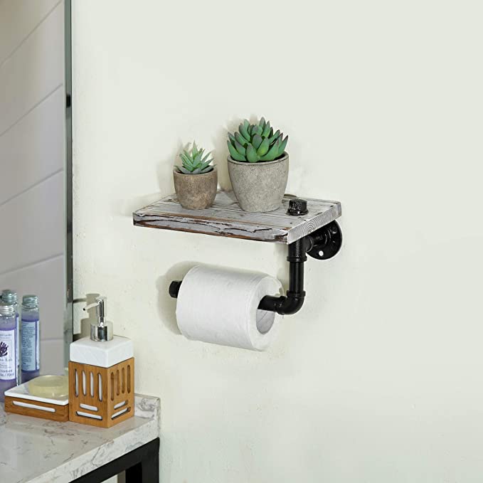 Rustic White Industrial Toilet Paper Holder with Shelf made from solid pine wood and galvanized steel, featuring a stylish design and easy assembly.