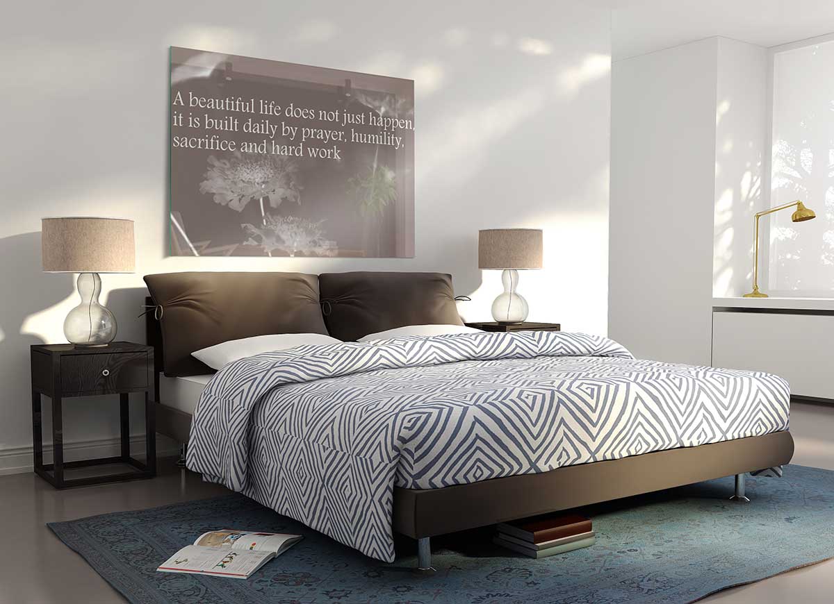 A Beautiful Life Does Not Just Happen Beige glass print showcasing modern art design in soft beige tones, perfect for home decor.