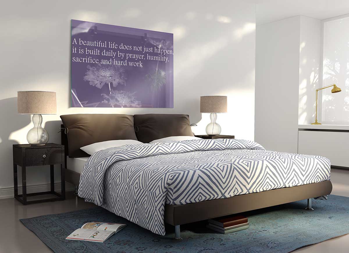 A Beautiful Life Does Not Just Happen Lilac glass print featuring vibrant lilac colors and modern design, perfect for home decor.