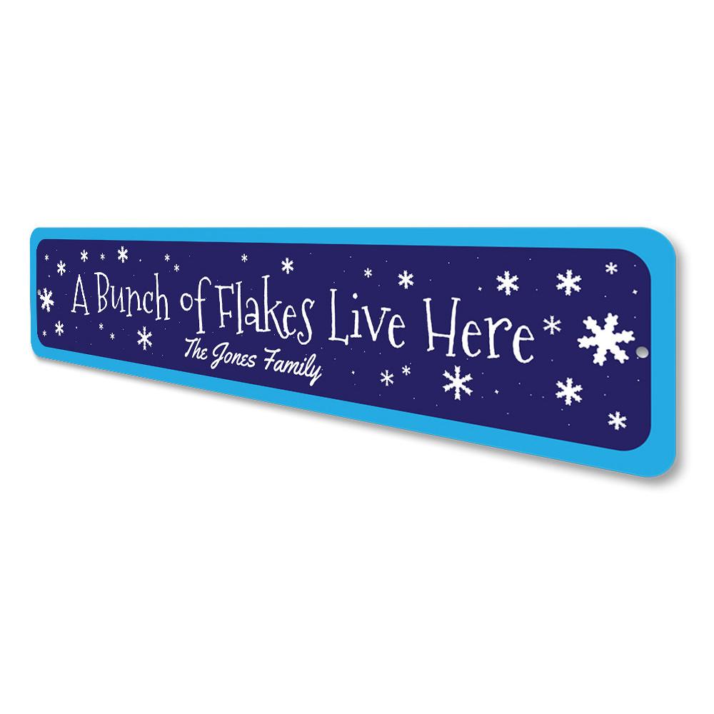 A decorative metal sign reading 'A Bunch of Flakes Live Here', featuring festive colors and design, perfect for Christmas decorations.