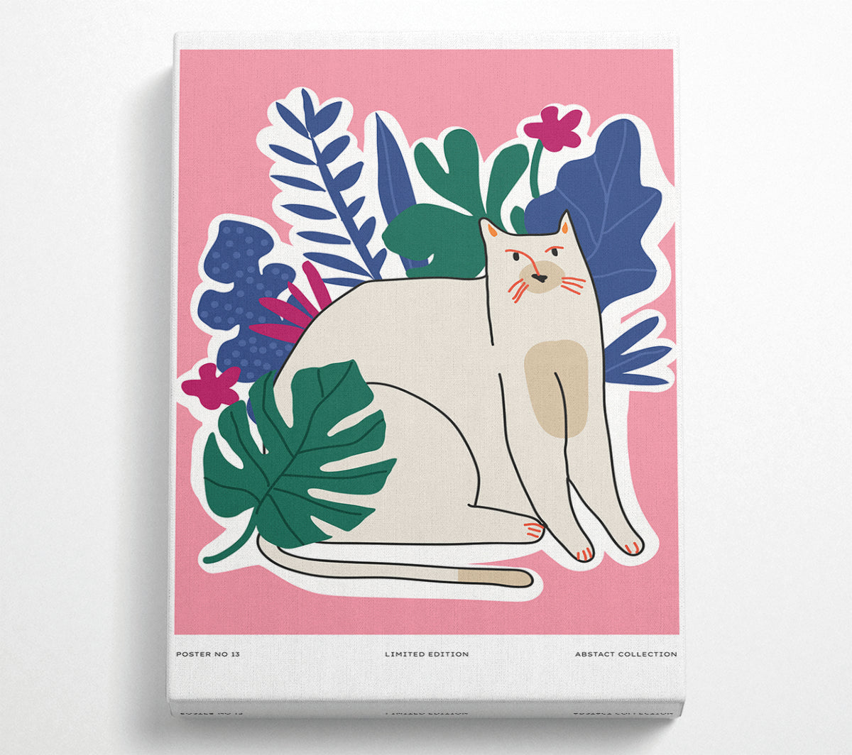 A charming cat sitting gracefully in front of colorful flowers, printed on a coated polyester canvas and mounted on a box frame.