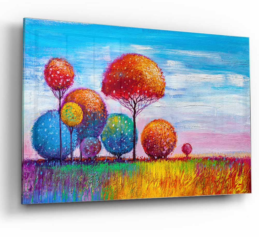 A vibrant glass print depicting a group of trees in spring, showcasing lush green leaves and colorful blossoms.