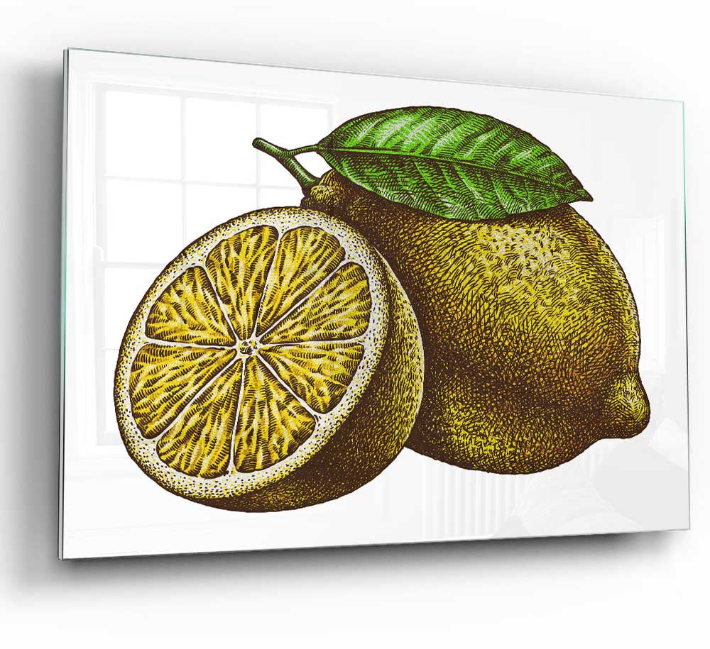 A Lemon Illustrated glass print featuring a vibrant lemon design on a sleek glass surface, perfect for modern home decor.