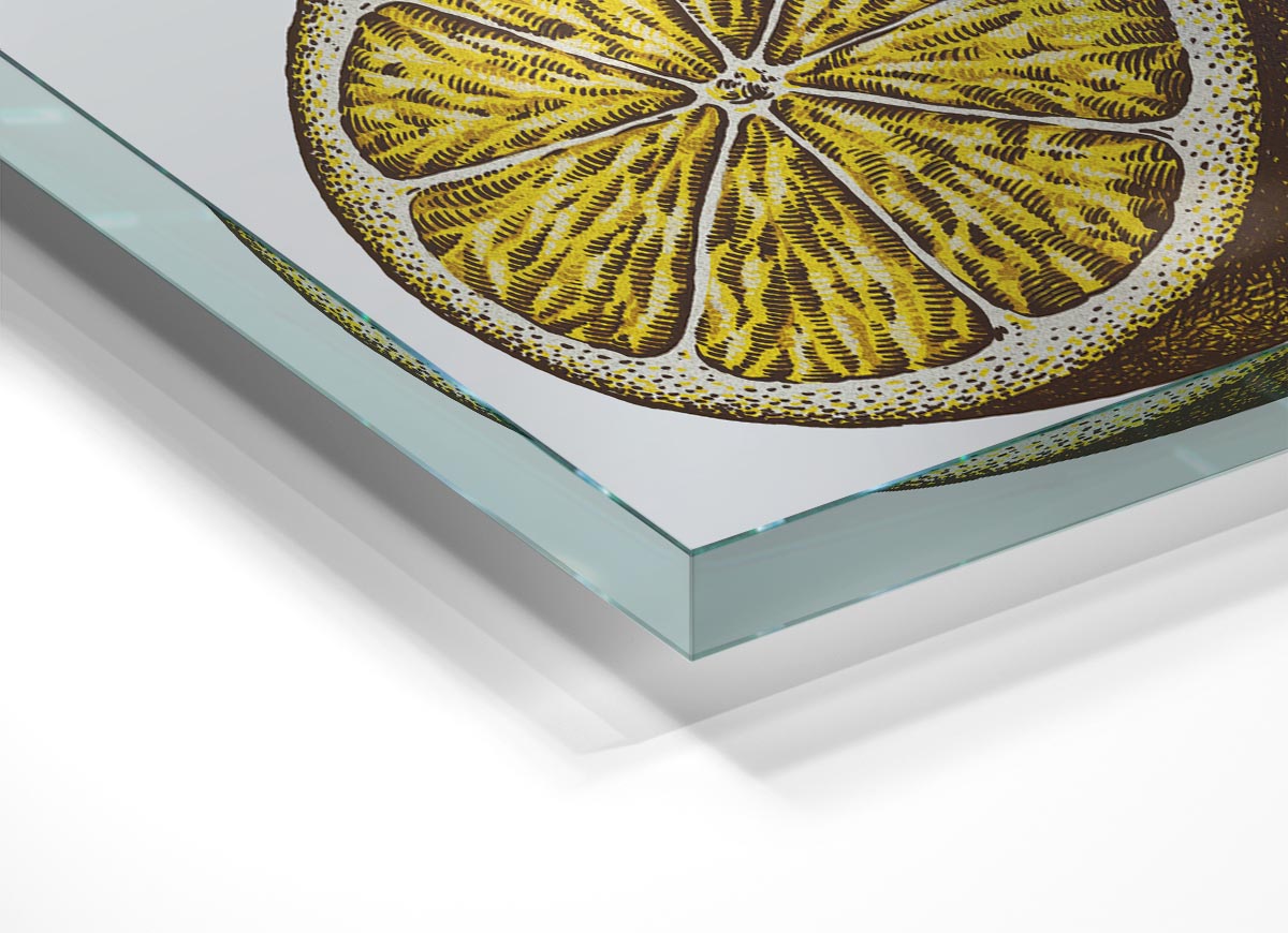 A Lemon Illustrated glass print featuring a vibrant lemon design on a sleek glass surface, perfect for modern home decor.