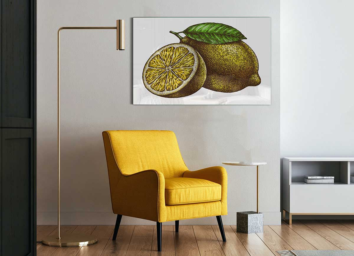 A Lemon Illustrated glass print featuring a vibrant lemon design on a sleek glass surface, perfect for modern home decor.