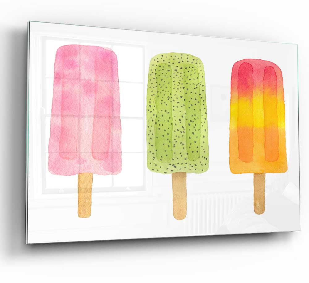 A modern glass print featuring a colorful trio of lollies, perfect for home decor.