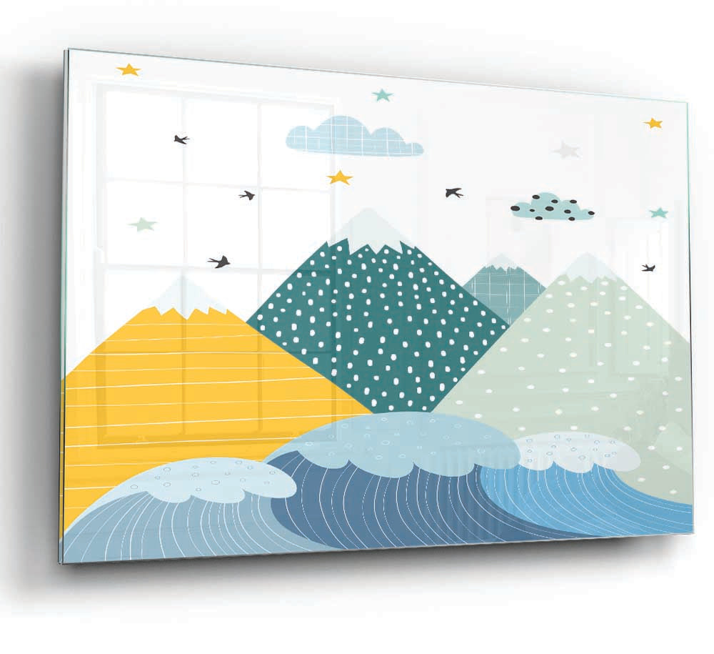 A beautiful glass print featuring three majestic mountains surrounded by soft clouds, showcasing vibrant colors and modern design.
