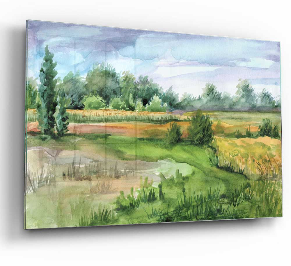 A modern glass print depicting a serene countryside landscape with vibrant colors and intricate details.