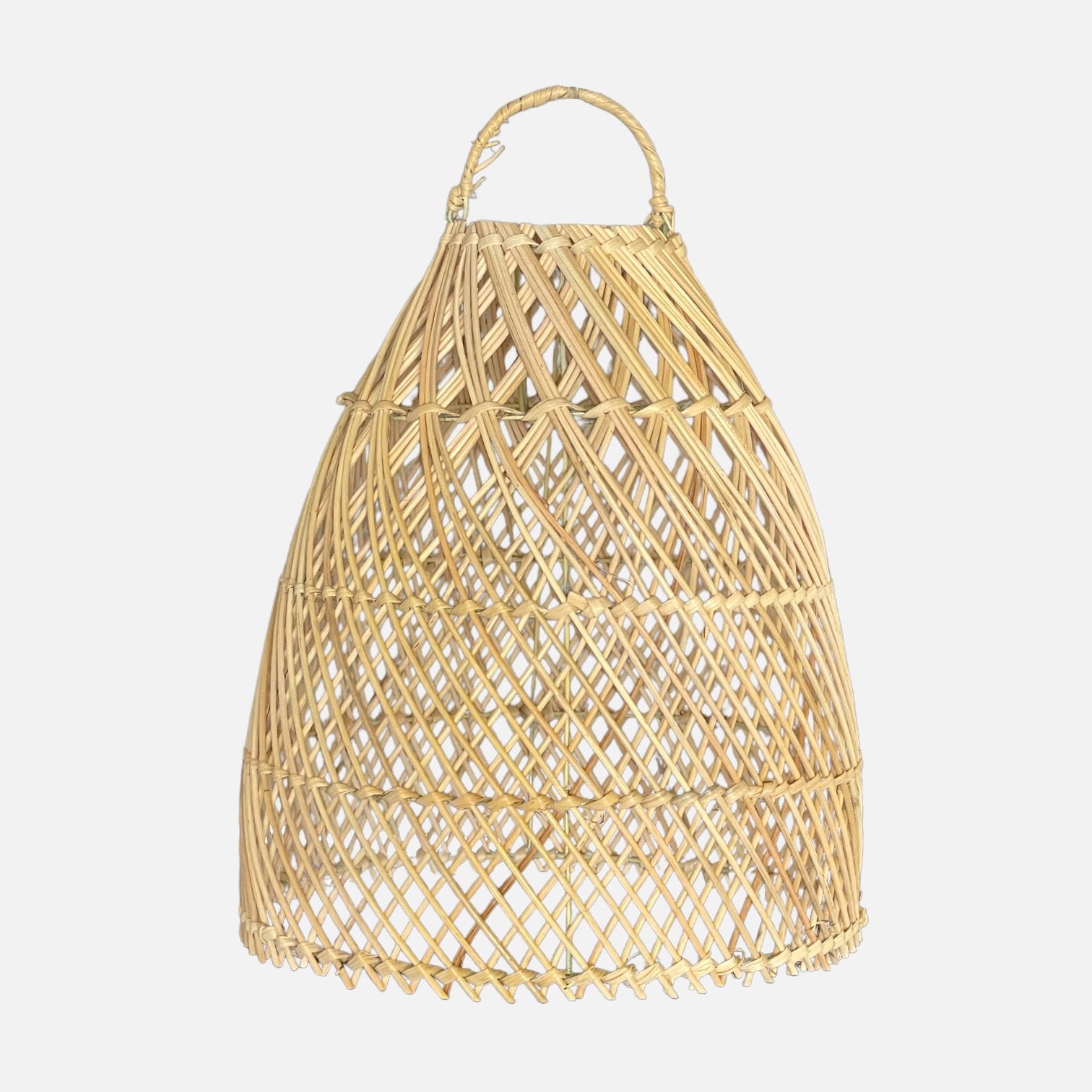 Laga Natural Rattan Lampshade hanging elegantly, showcasing intricate weaving and a boho style.