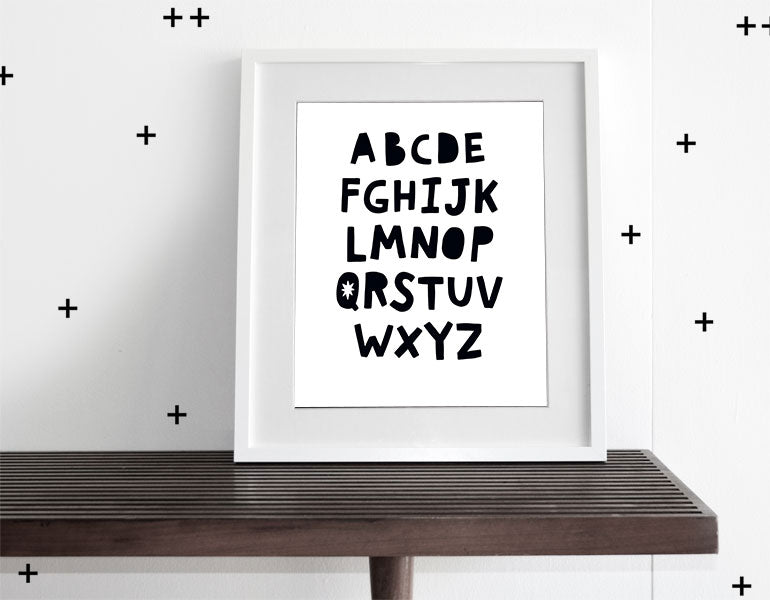 ABC's Black & White Wall Art featuring modern design, suitable for nursery decor, with a high-quality matte finish.
