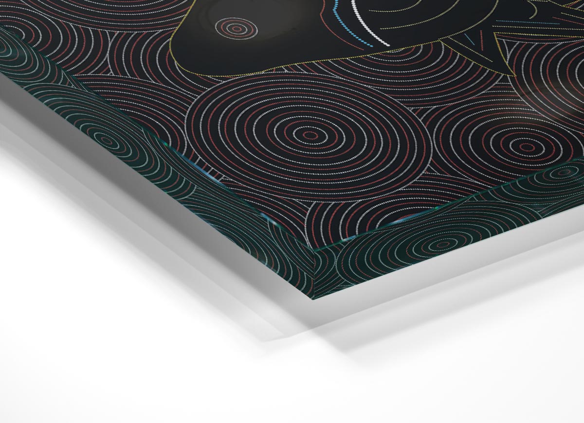 Aboriginal Fish 1 glass print featuring vibrant colors and intricate design, perfect for modern home decor.