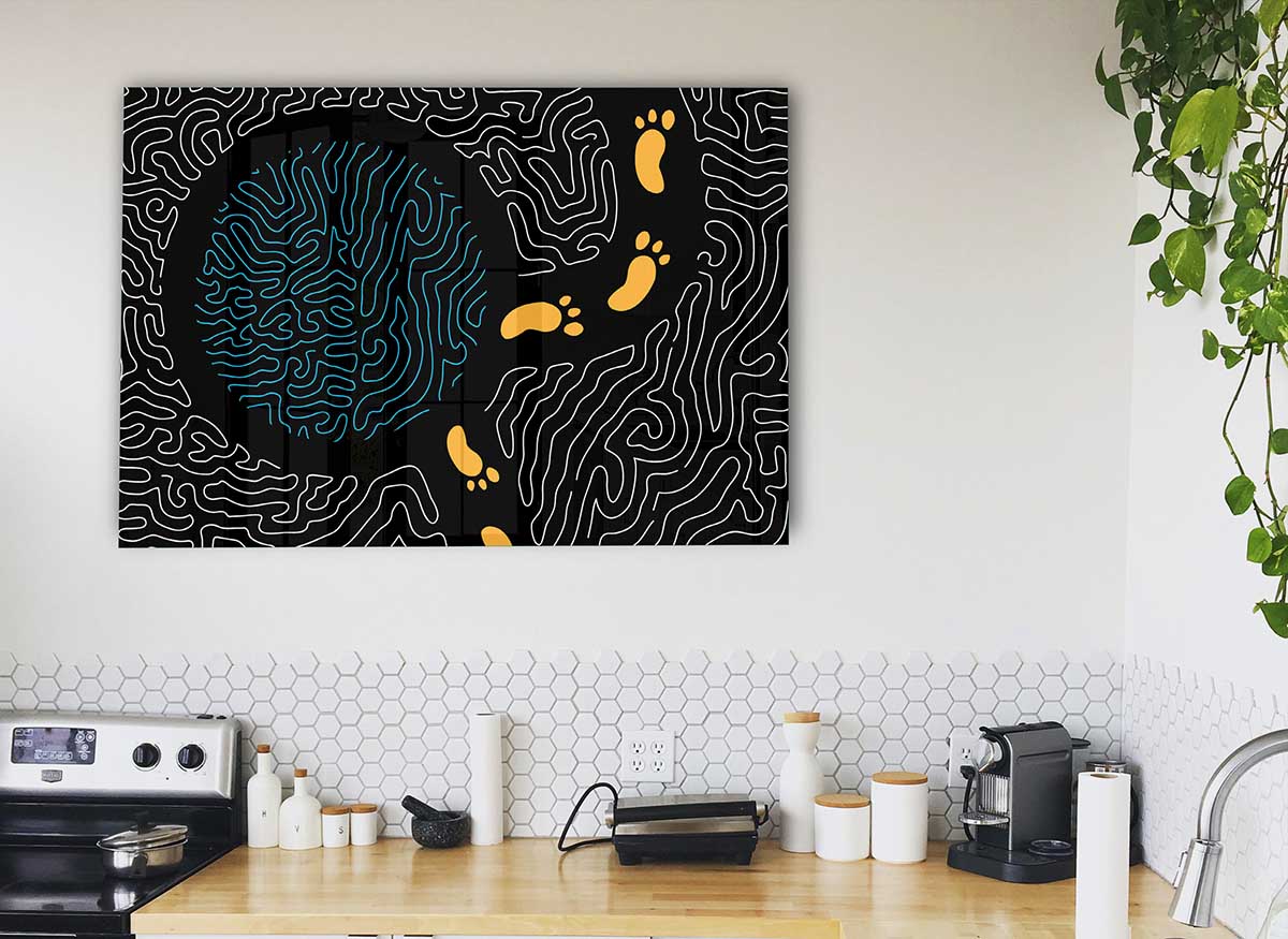 Aboriginal Footprints 2 glass print featuring intricate designs and vibrant colors, showcasing modern Aboriginal art.