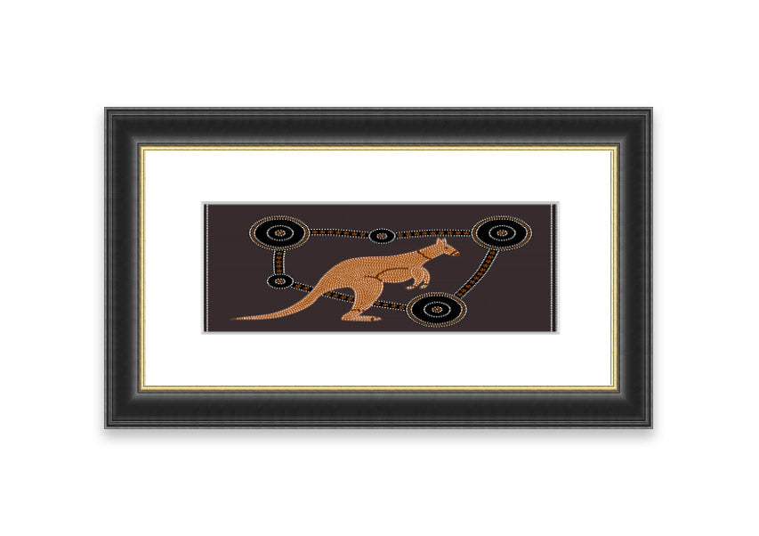 Framed Aboriginal Kangaroo 1 print showcasing vibrant colors and intricate designs, ready to hang.