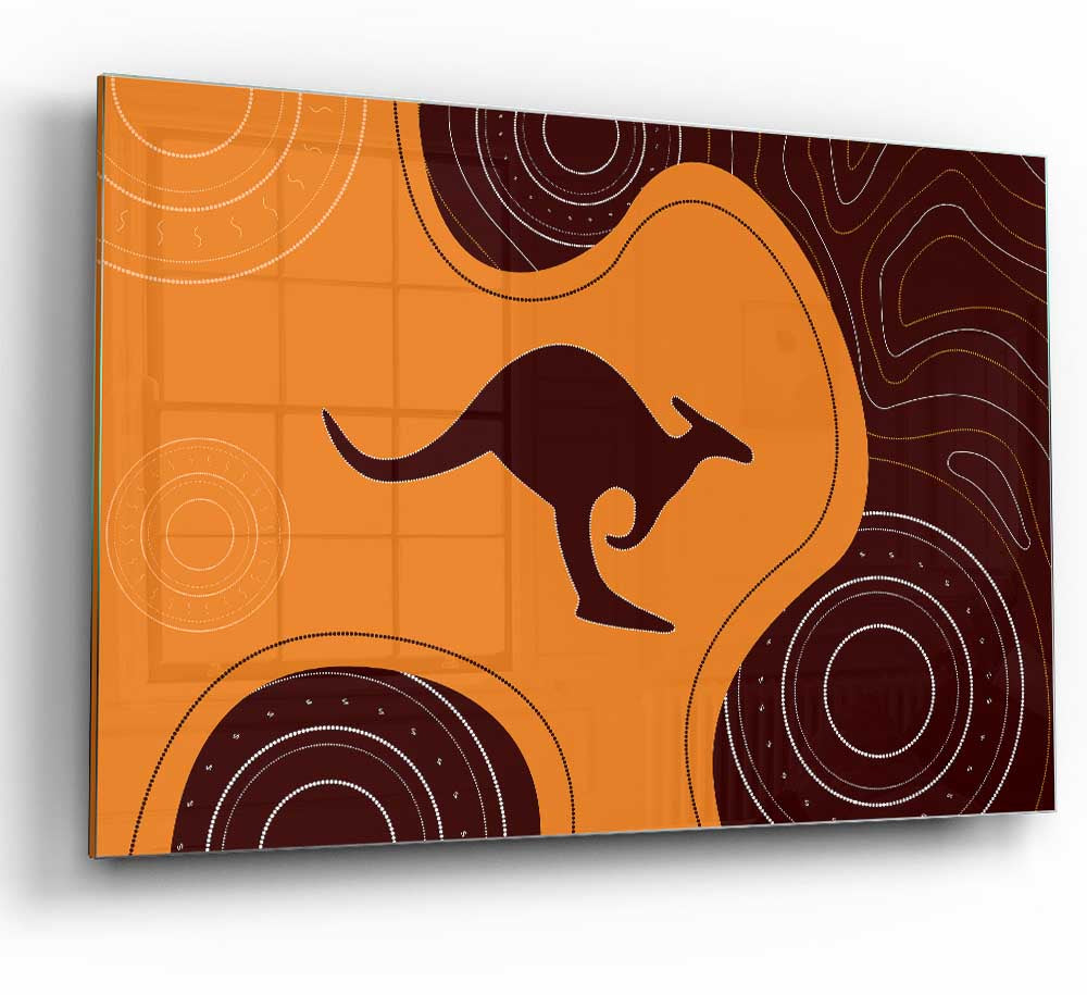 Aboriginal Kangaroo 3 glass print featuring vibrant colors and intricate designs, showcasing a modern artistic interpretation of a kangaroo.