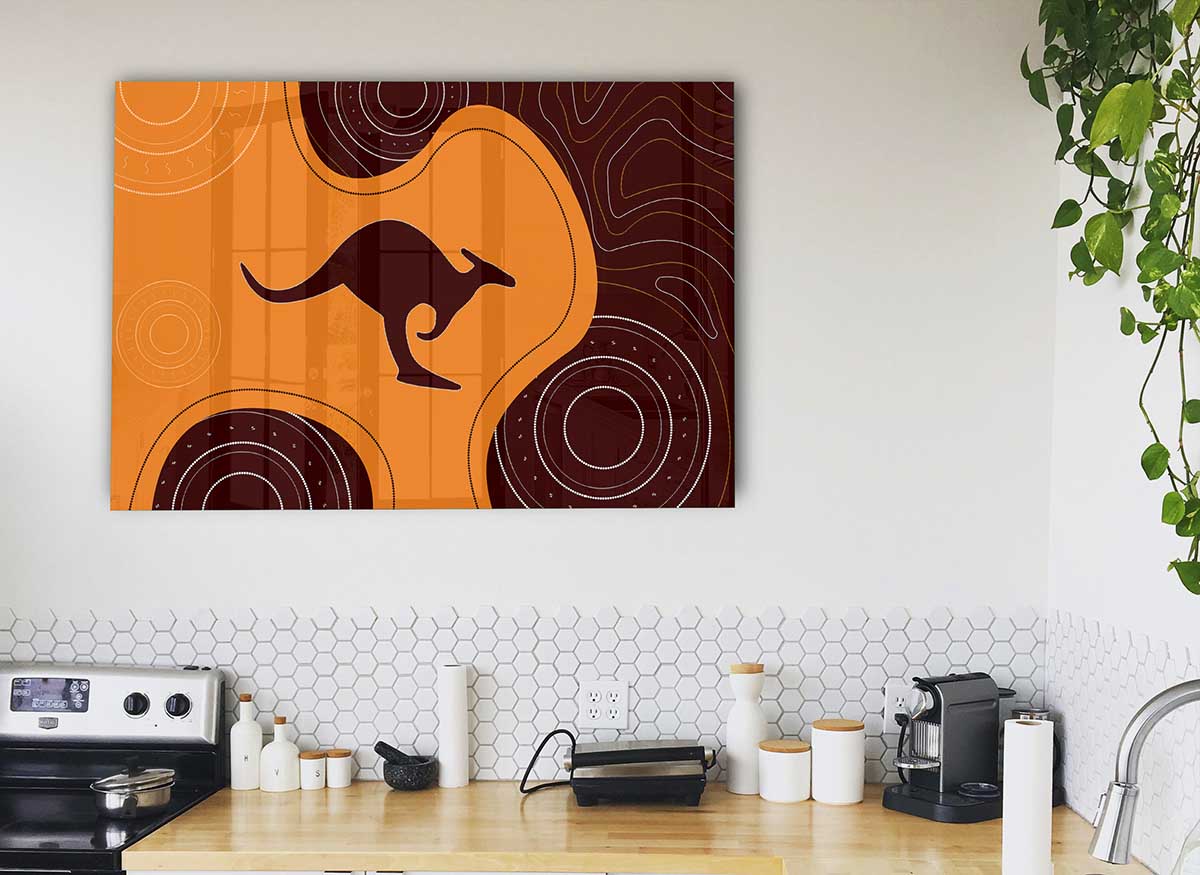 Aboriginal Kangaroo 3 glass print featuring vibrant colors and intricate designs, showcasing a modern artistic interpretation of a kangaroo.