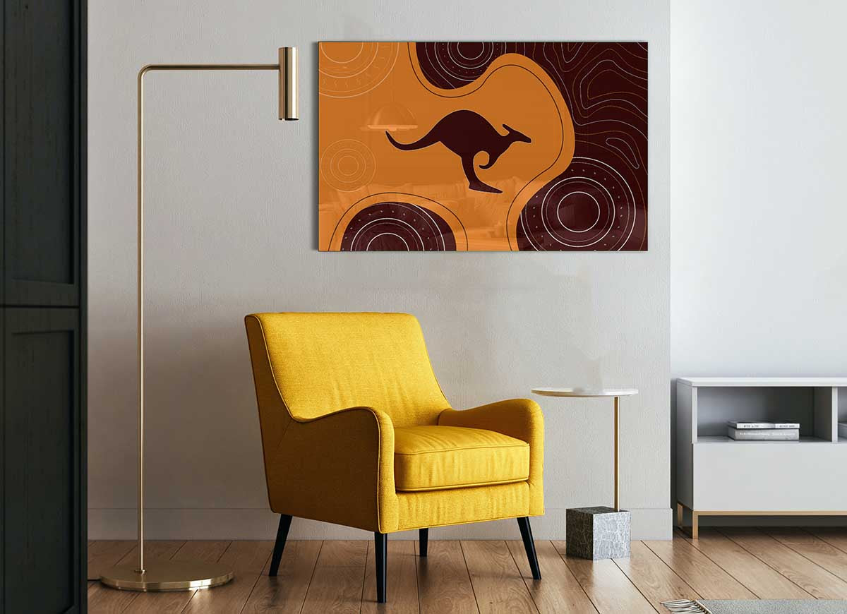 Aboriginal Kangaroo 3 glass print featuring vibrant colors and intricate designs, showcasing a modern artistic interpretation of a kangaroo.