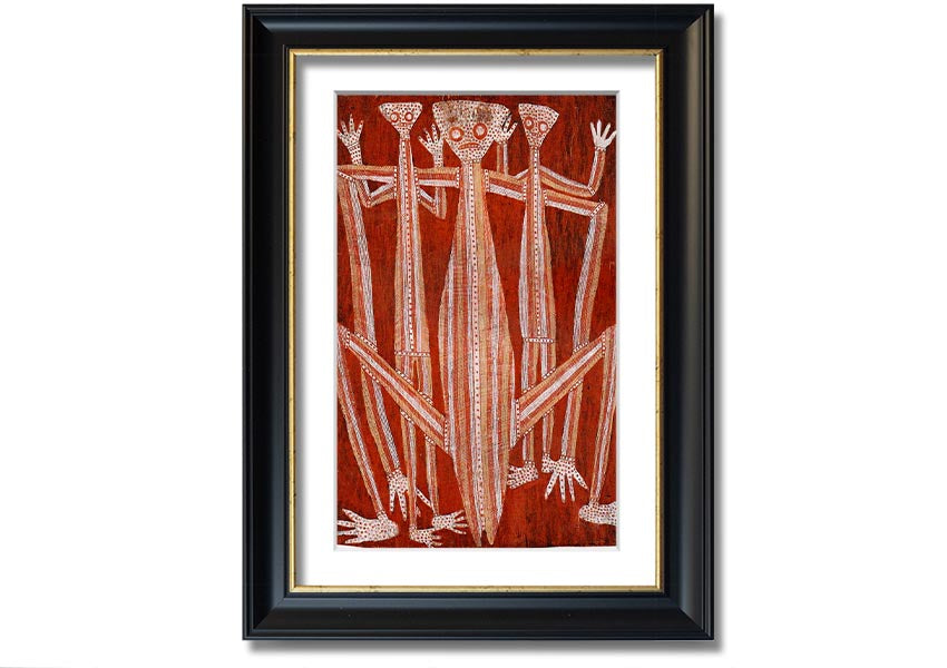 Framed Aboriginal Kubarkku print showcasing unique Indigenous artwork, available in various frame colours.