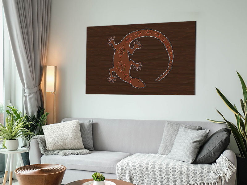 Aboriginal Lizard 2 artwork printed on brushed aluminium dibond, showcasing vibrant colors and modern design.