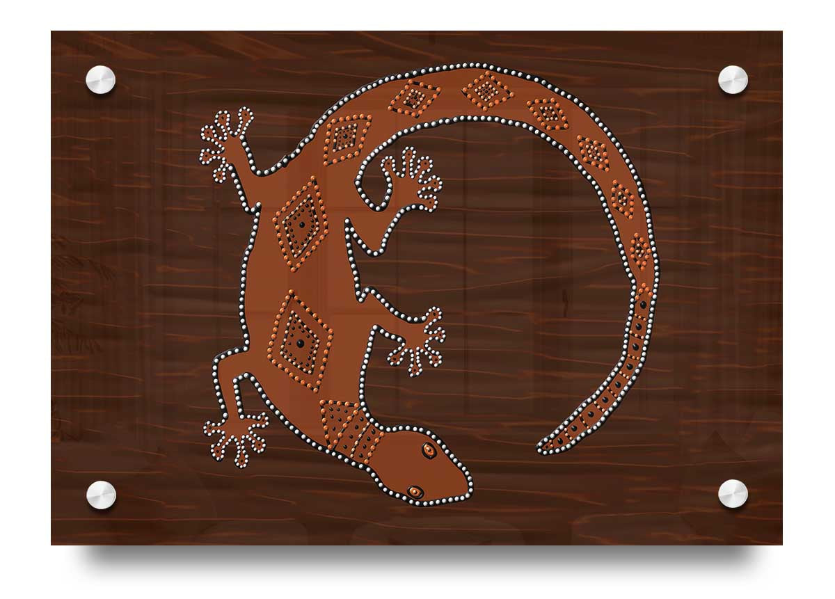 Aboriginal Lizard 2 acrylic print featuring vibrant colors and intricate patterns on 5mm thick acrylic glass.