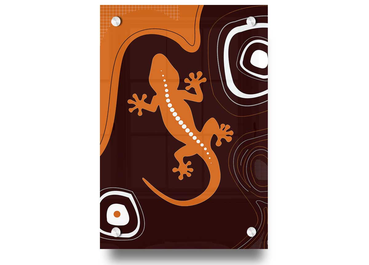 Vibrant Aboriginal Lizard 3 acrylic print on 5mm thick glass, showcasing intricate design and colors.