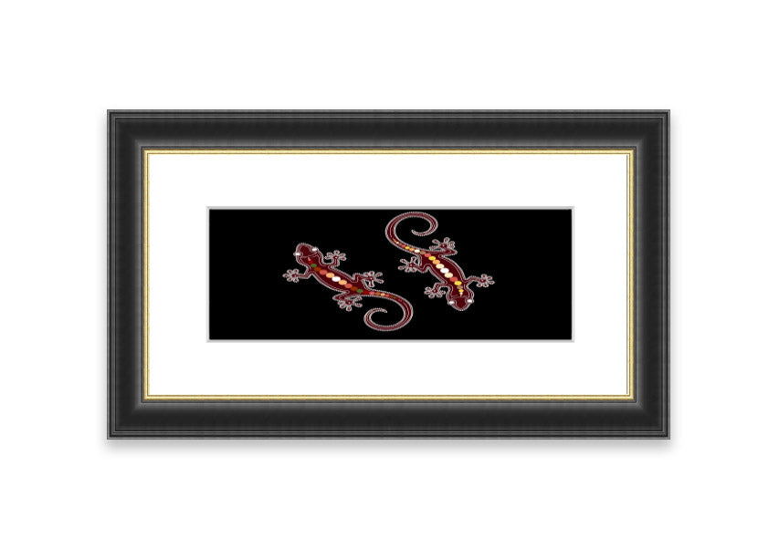 Framed Aboriginal Lizard 4 print showcasing vibrant colors and intricate designs, available in multiple frame colors.