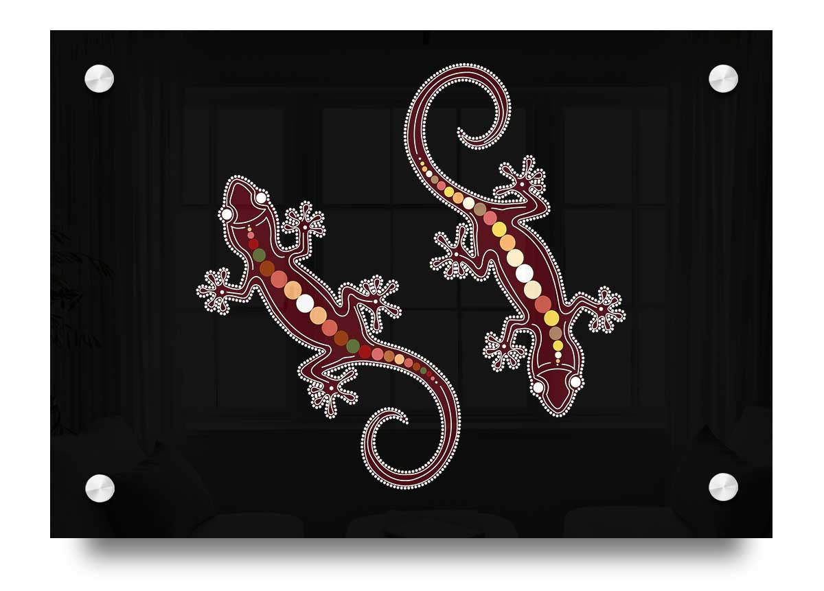 Aboriginal Lizard 4 acrylic print on 5mm thick glass, showcasing vibrant colors and intricate design.