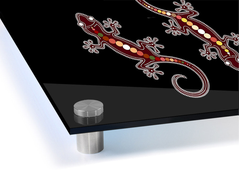 Aboriginal Lizard 4 acrylic print on 5mm thick glass, showcasing vibrant colors and intricate design.