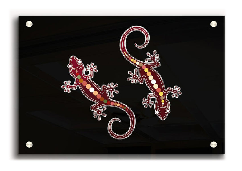 Aboriginal Lizard 4 acrylic print on 5mm thick glass, showcasing vibrant colors and intricate design.