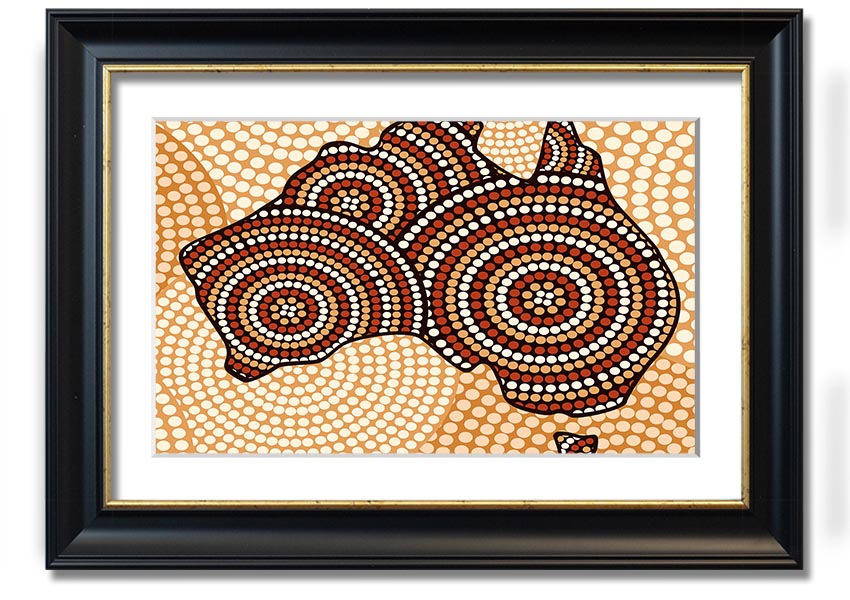 Framed Aboriginal Map print showcasing vibrant colors and intricate designs, ready to hang.