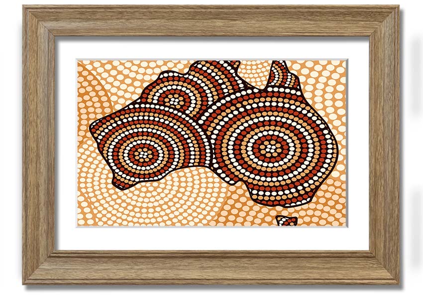 Framed Aboriginal Map print showcasing vibrant colors and intricate designs, ready to hang.