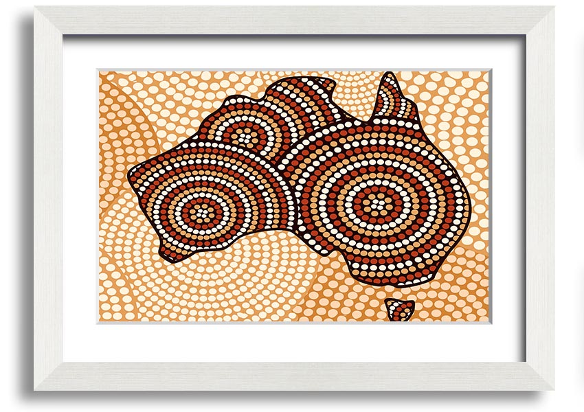 Framed Aboriginal Map print showcasing vibrant colors and intricate designs, ready to hang.