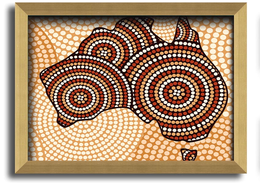 Framed Aboriginal Map print showcasing vibrant colors and intricate designs, ready to hang.