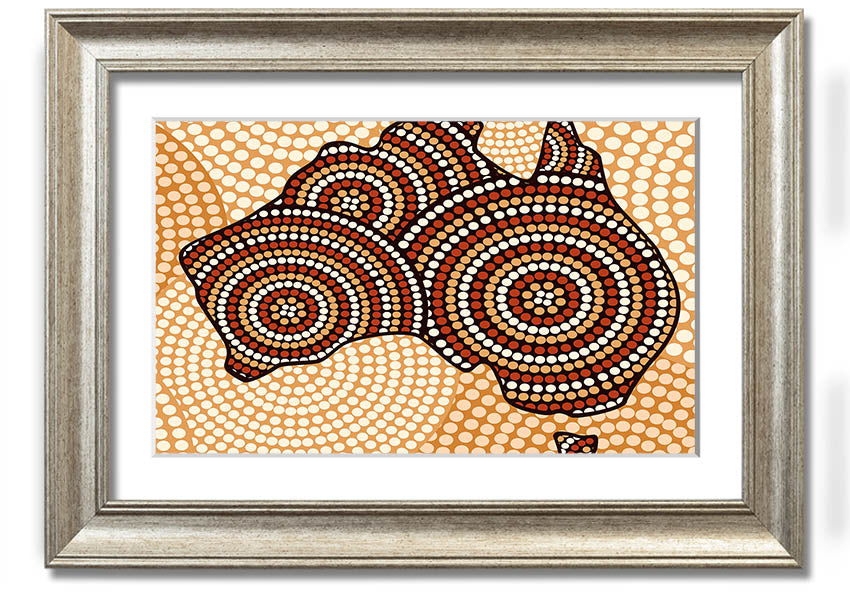 Framed Aboriginal Map print showcasing vibrant colors and intricate designs, ready to hang.