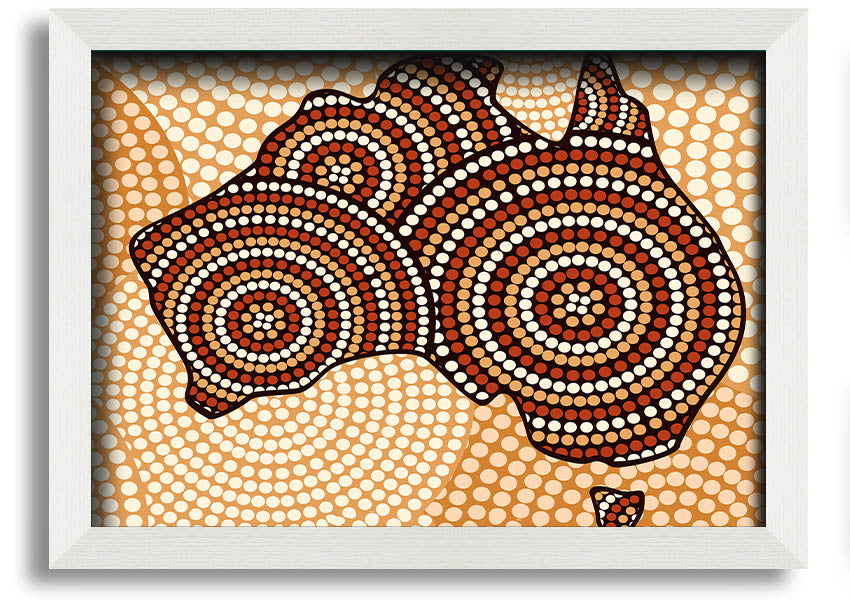 Framed Aboriginal Map print showcasing vibrant colors and intricate designs, ready to hang.