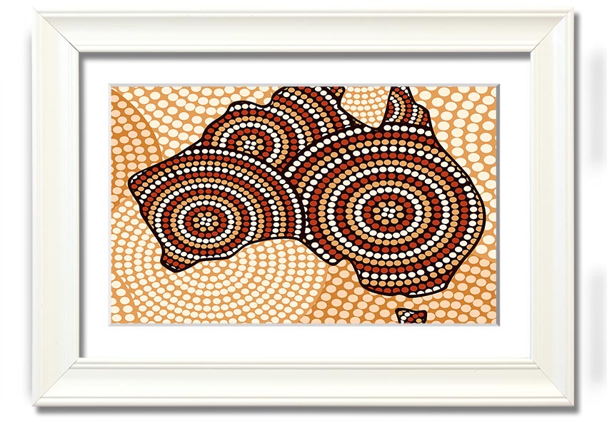 Framed Aboriginal Map print showcasing vibrant colors and intricate designs, ready to hang.