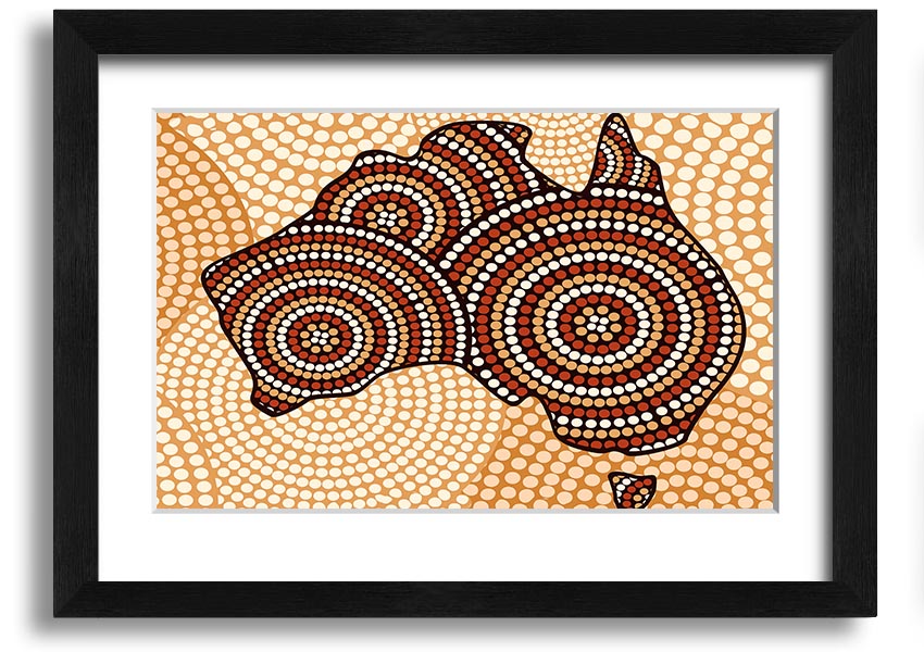 Framed Aboriginal Map print showcasing vibrant colors and intricate designs, ready to hang.