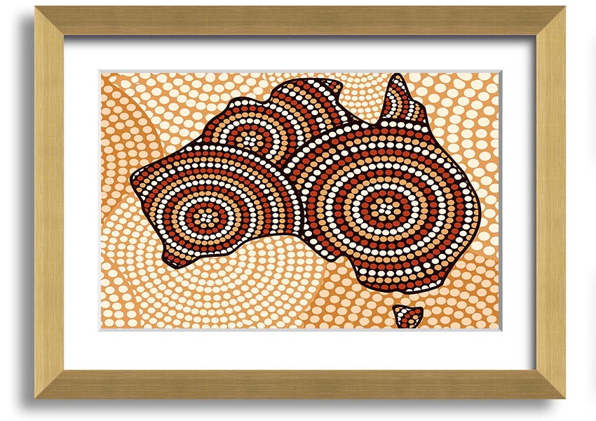 Framed Aboriginal Map print showcasing vibrant colors and intricate designs, ready to hang.