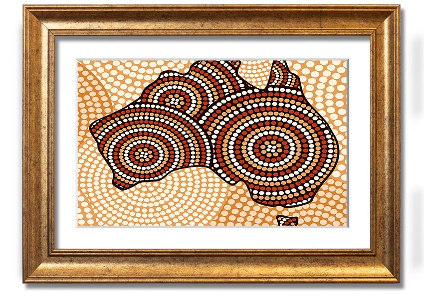 Framed Aboriginal Map print showcasing vibrant colors and intricate designs, ready to hang.